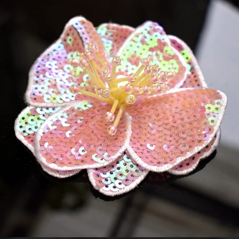 3D hibiscus beaded applique flower sew on iron on patch sequins tropical pink